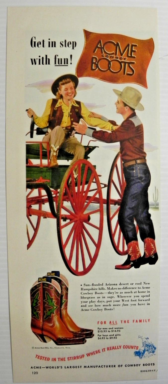 1948 Acme Cowboy Boots Print Ad Showing "Get In Step With Fun!"