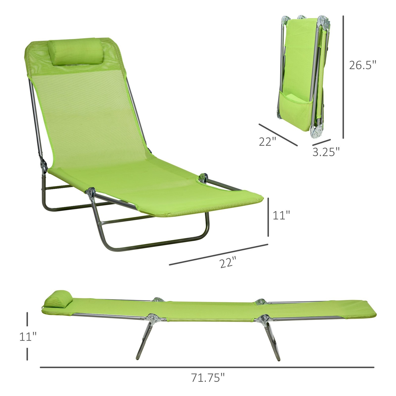 Convenient 2-Piece Lounge Set, Folding Chaise with Padded Mesh, Green
