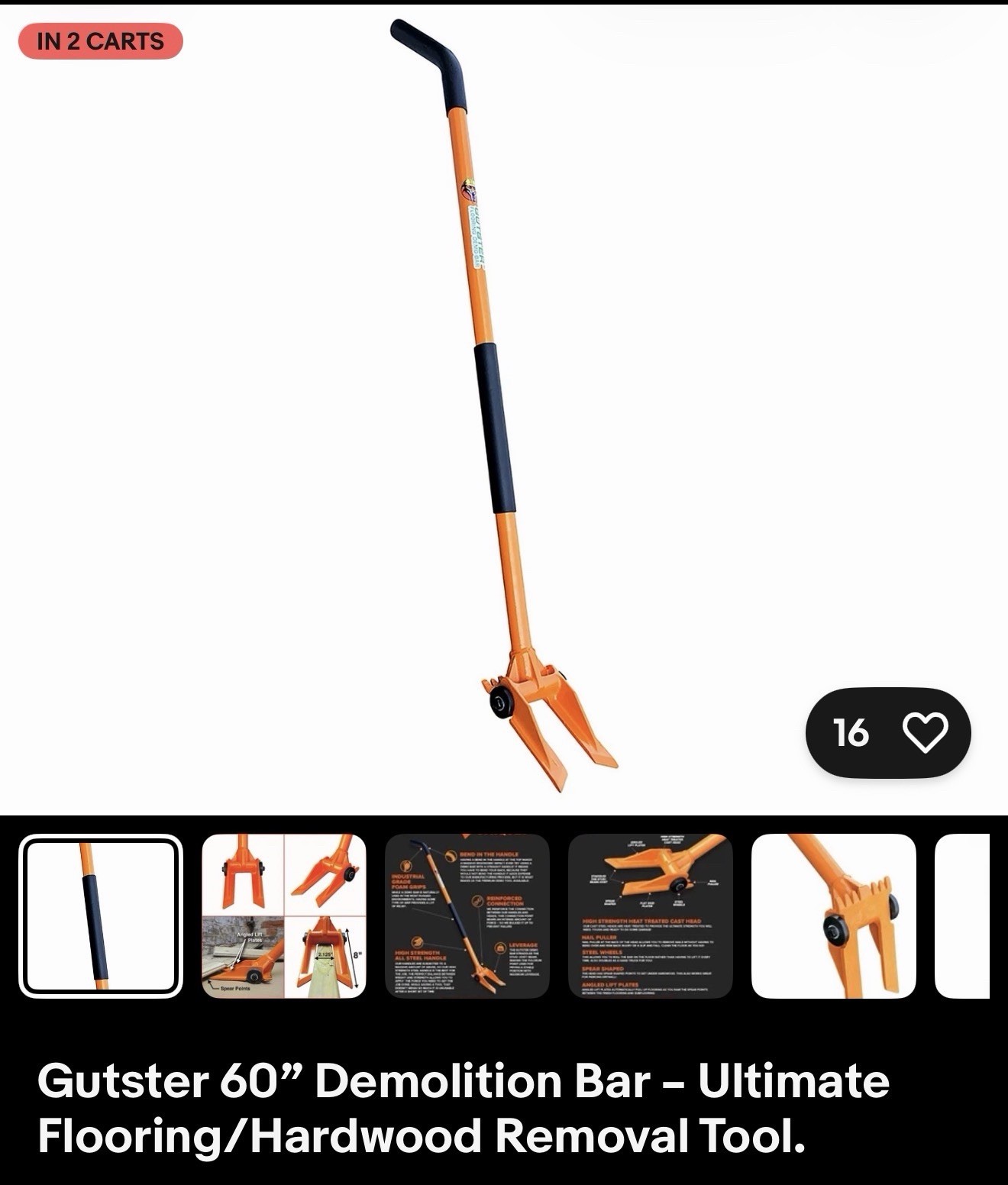 Gutster 60in Demolition Pry Bar for Flooring/Hardwood Removal, Orange/Black