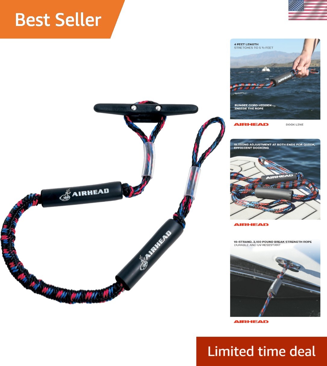 Versatile 4 Feet Bungee Dockline with Adjustable Ends - Perfect for Watercraft