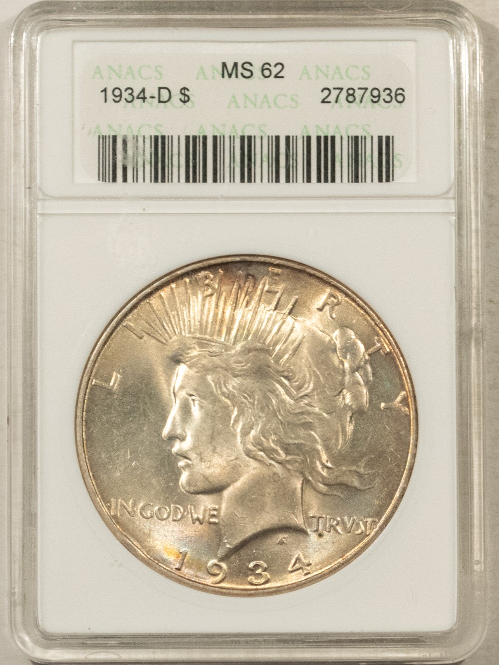 1934-D $1 PEACE DOLLAR - ANACS MS-62