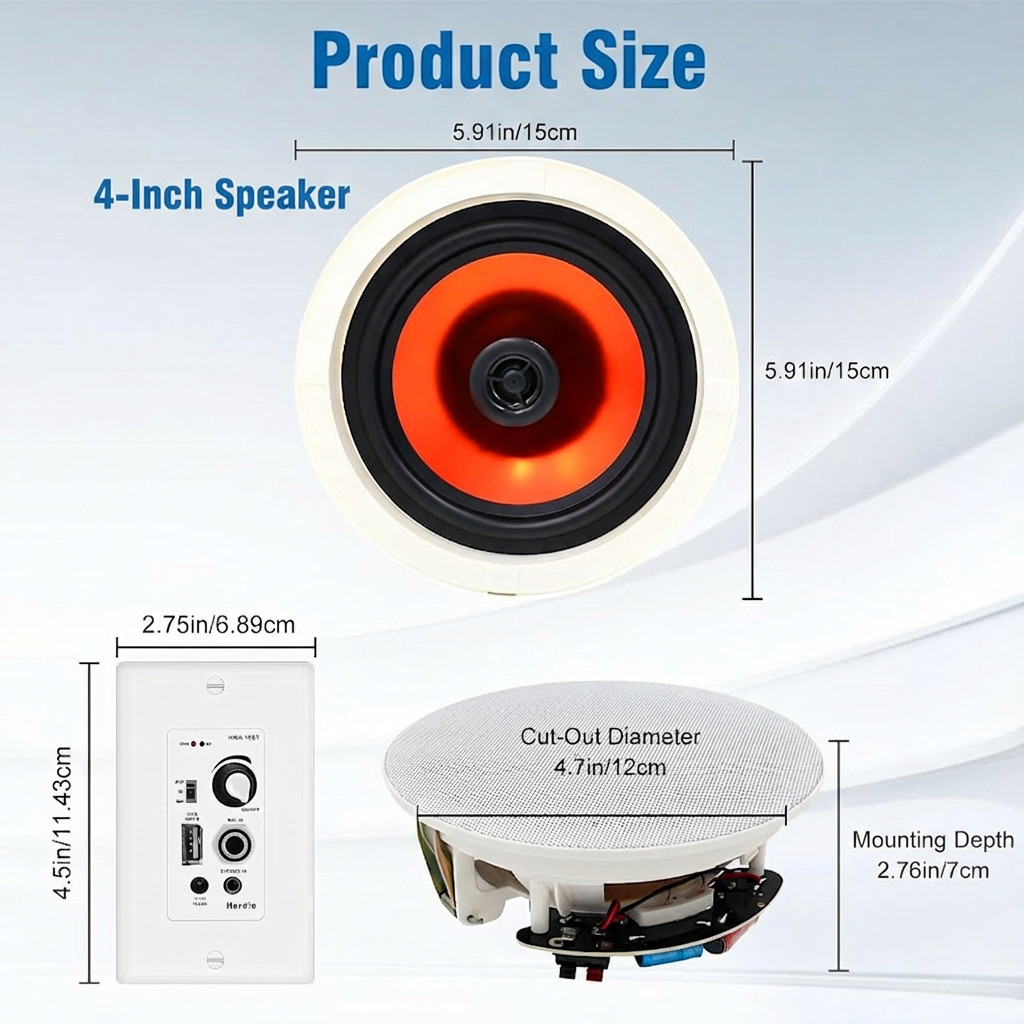 4* Herdio 2-Way Bluetooth Ceiling Speakers + in Wall Amplifier Receiver 3 Sizes