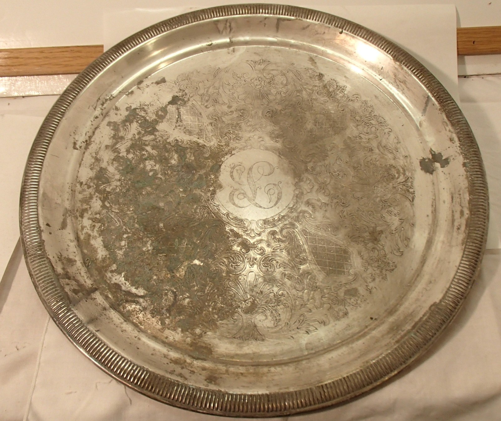Vintage Gorham Monogrammed "L" Silverplated Tray ~ Heavily Tarnished 12.375" dia