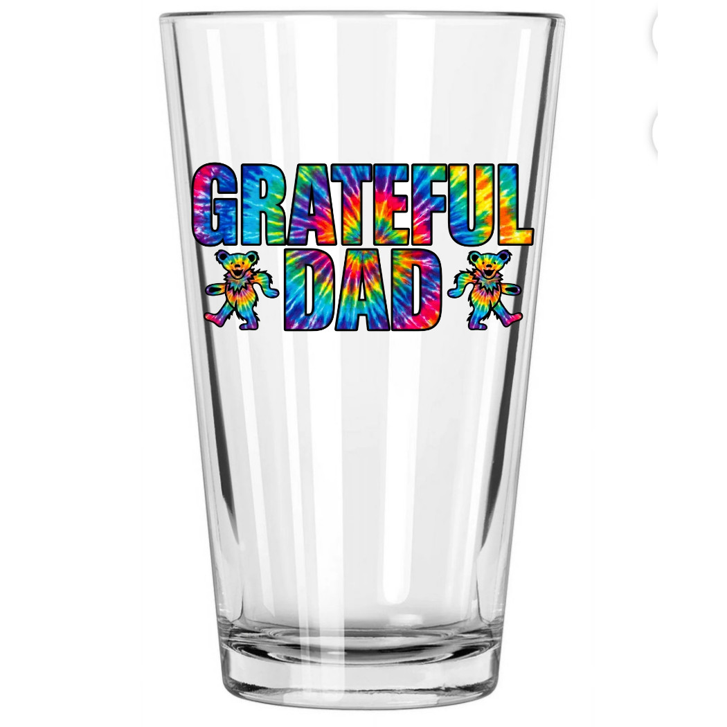 Grateful Dead custom tie dye GRATEFUL DAD dancing bear Pint Glass 16 0z