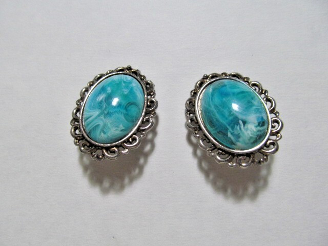 Faux Turquoise Cabochon Clip-on Earrings 1 3/8" Long by 1" Wide