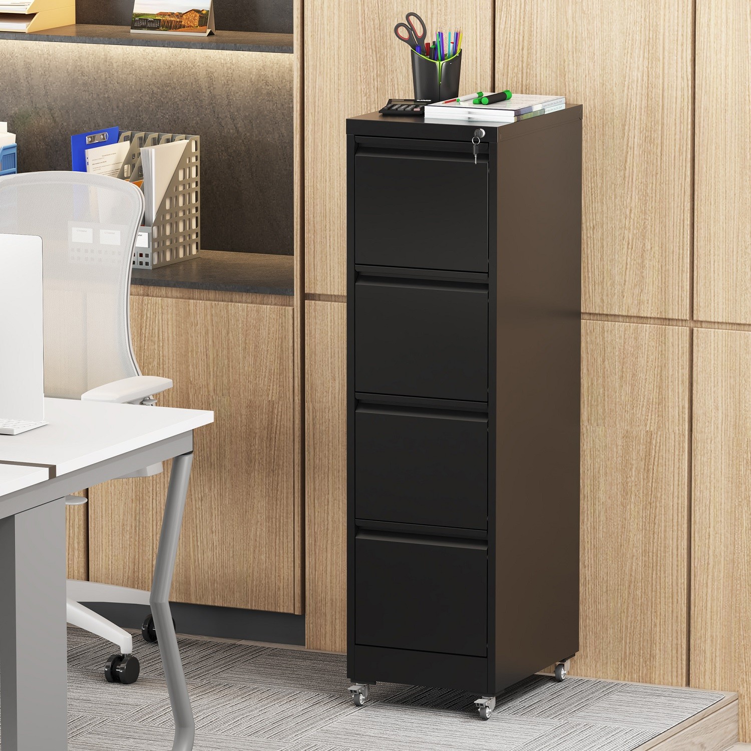 4 Drawer Metal Locking Vertical File Cabinet w/Wheels Heavy-Duty Filing Cabinet