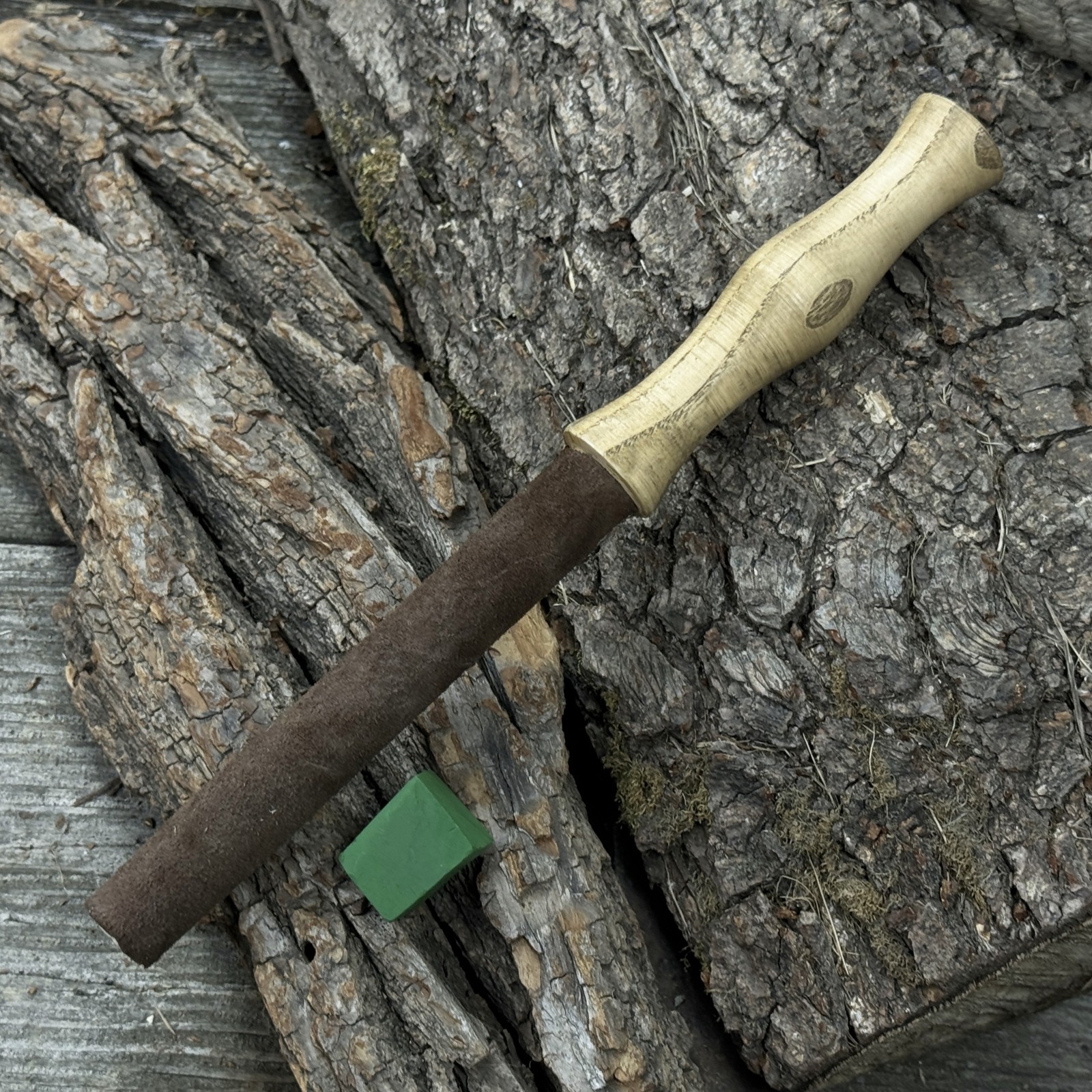 Round Leather Strop With Polishing Paste For Knife Sharpening. Tool Sharpening.