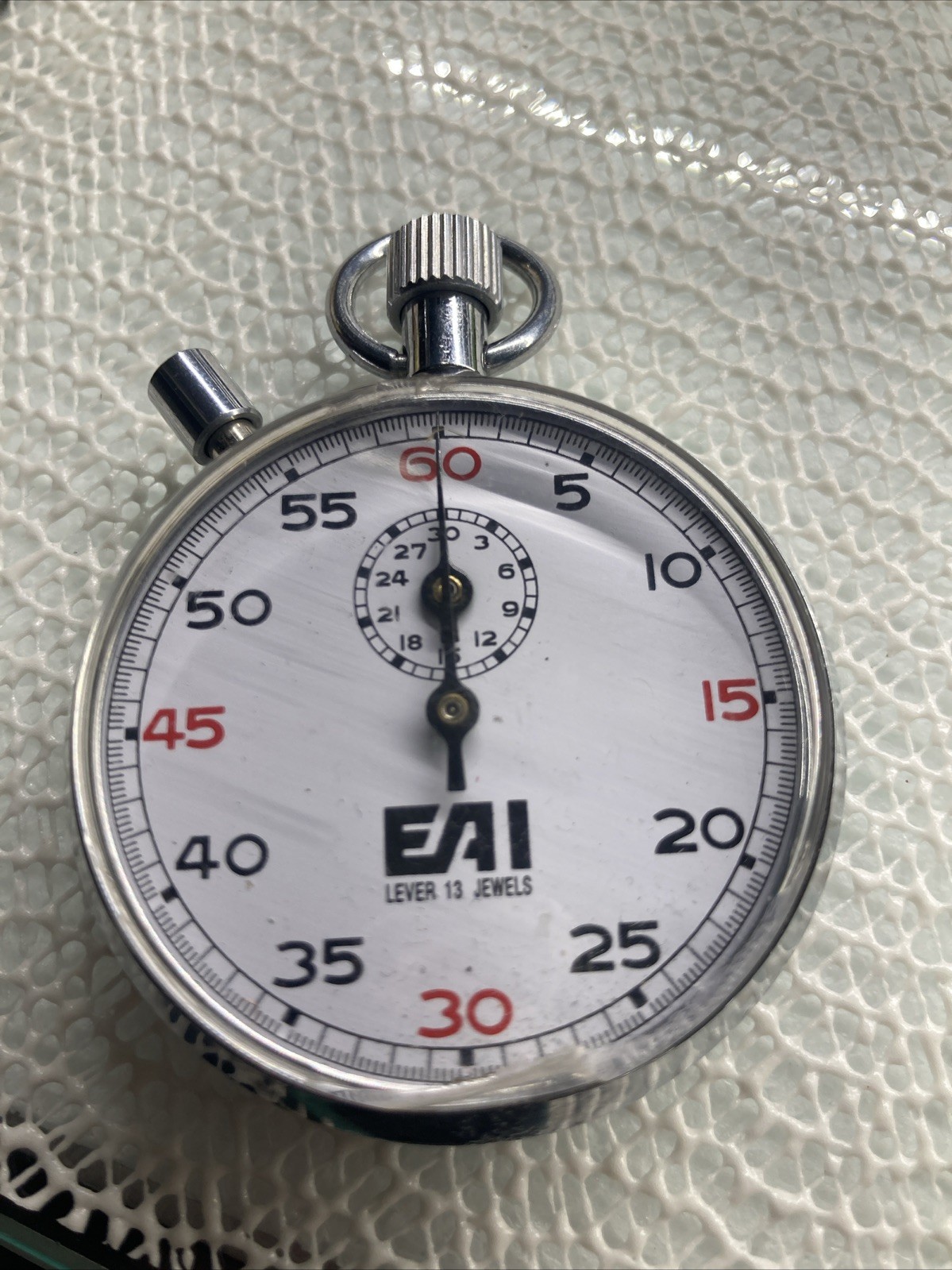 EAI lever 13 Jewels Stopwatch Works Good Chip In Bottom Glass