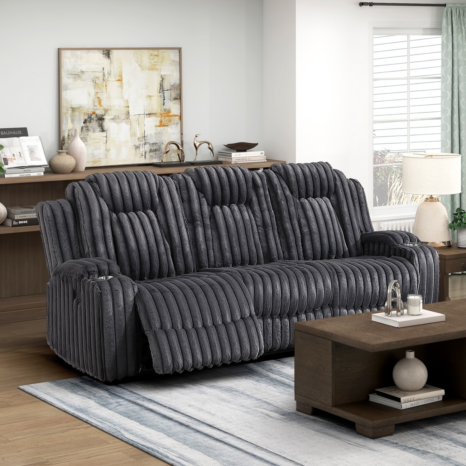 Reclining Sofa w/ Cup Holders Dark Gray Corduroy 3 Seater Living Room Furniture