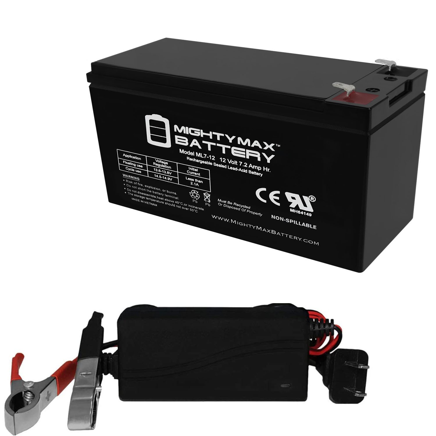 Mighty Max 12V 7Ah SLA Replacement Battery for Long Way LW-6FM7D + 12V Charger