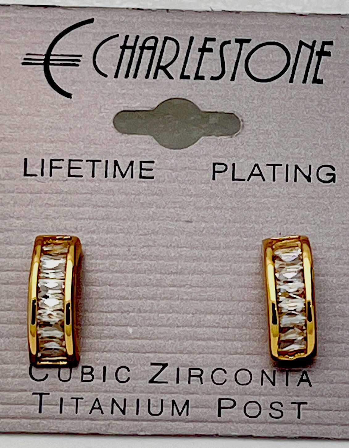 Vintage New Charlestone Gold Tone 16 CZ Baguette Titanium Post Hoop Earrings