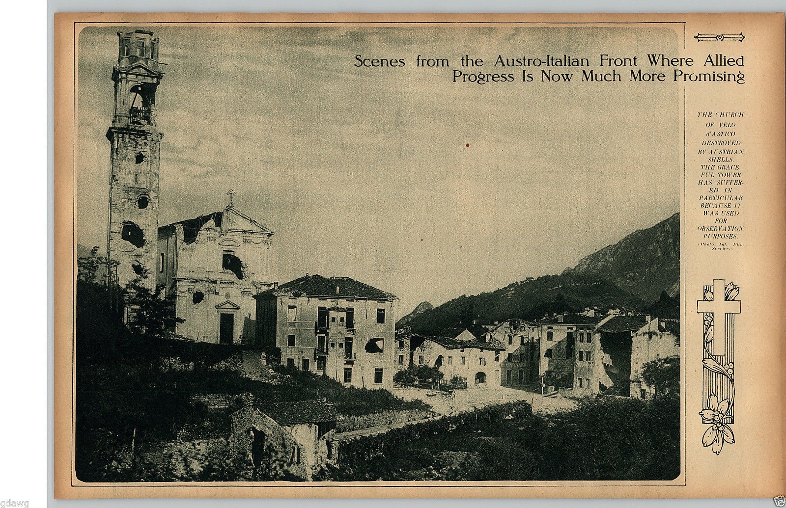 1917 Rotogravure Picture WWI Destroyed Church of Velo d' Astico