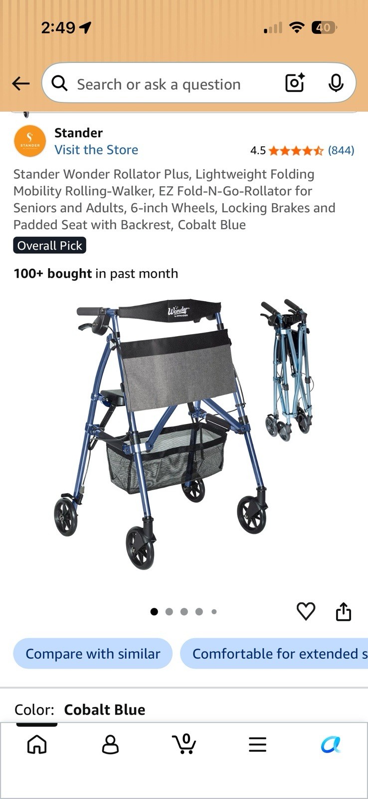 Stander Wonder Rollator Plus Lightweight Folding 4-Wheel Locking Brakes Seat