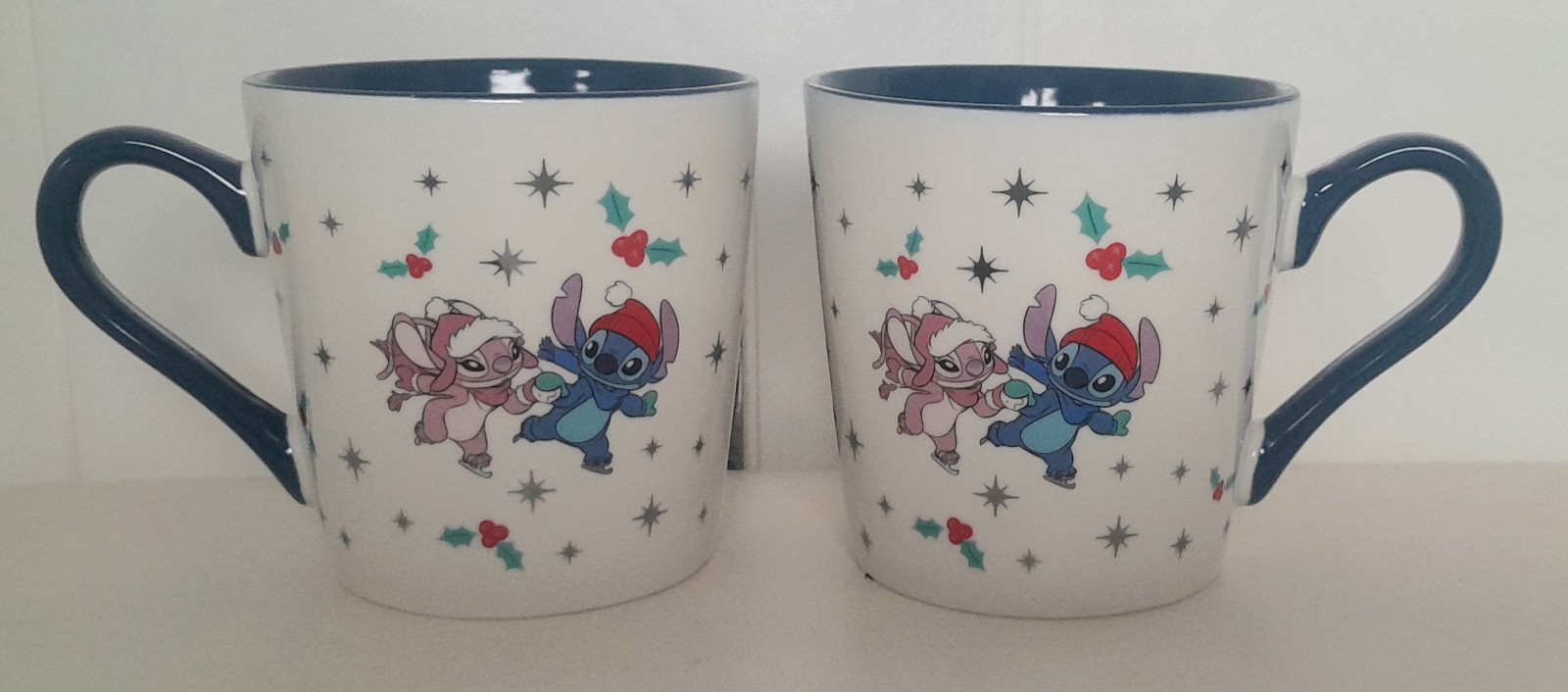 New SET OF 2 Disney Lilo & STITCH & Angel Fine China Christmas Mug Cups