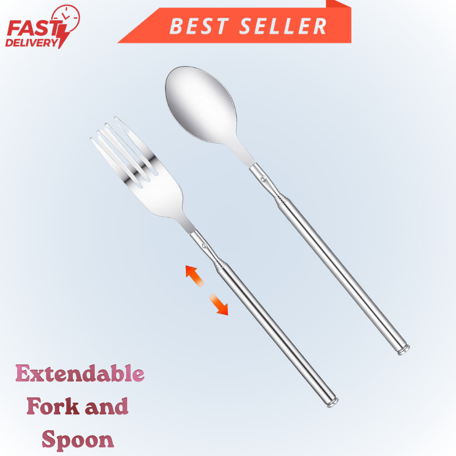 Extendable Fork and Spoon Set Telescopic Long Handle Stainless Steel BBQ Dessert