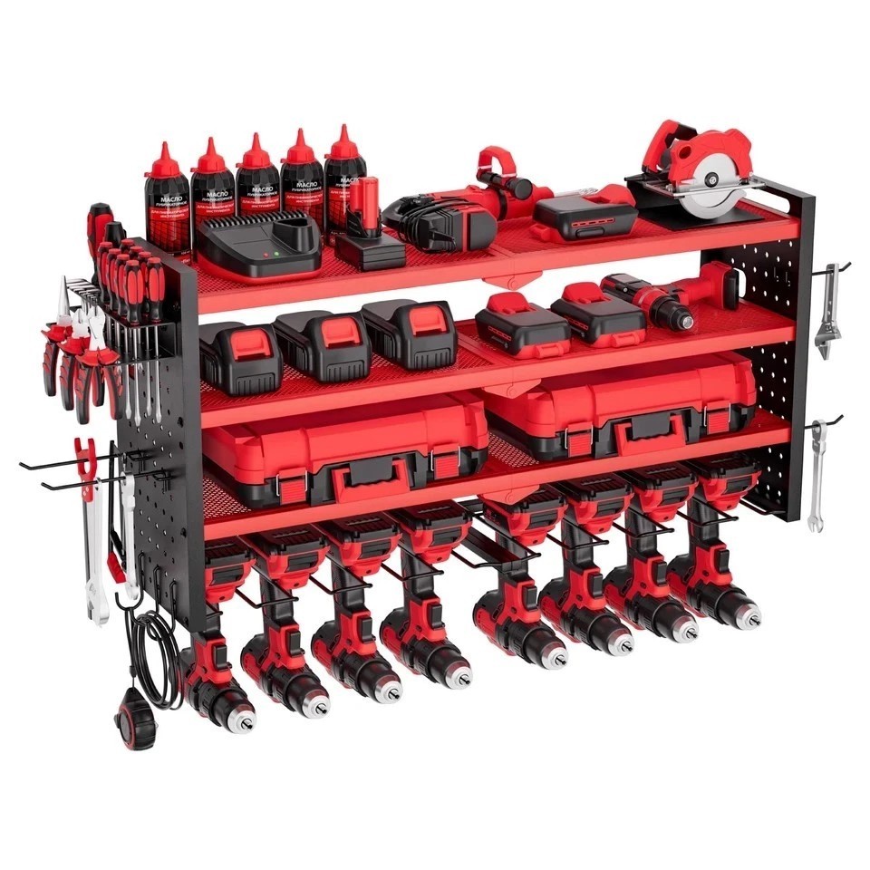 Power Tool Organizer Wall Mount 4-Layer Drill Storage Rack 8 Drill Holders
