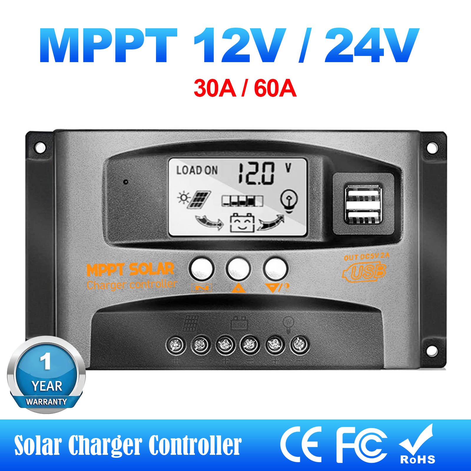 30-60A MPPT Solar Panel Regulator Charge Controller 12V/24V Auto Focus Tracking