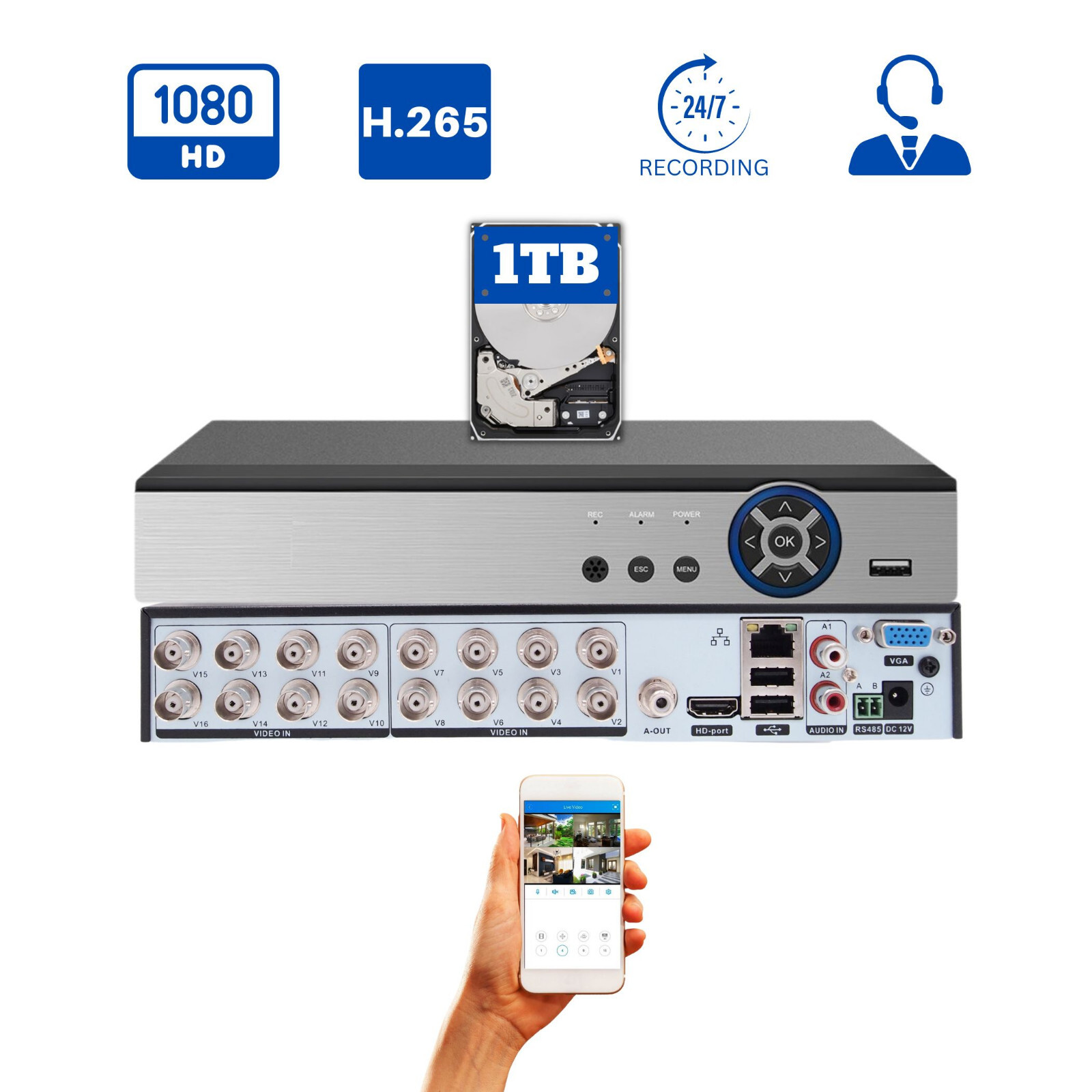 Evertech 16 Port H.265 HD Home Office Security CCTV Professional DVR Recorder 1T