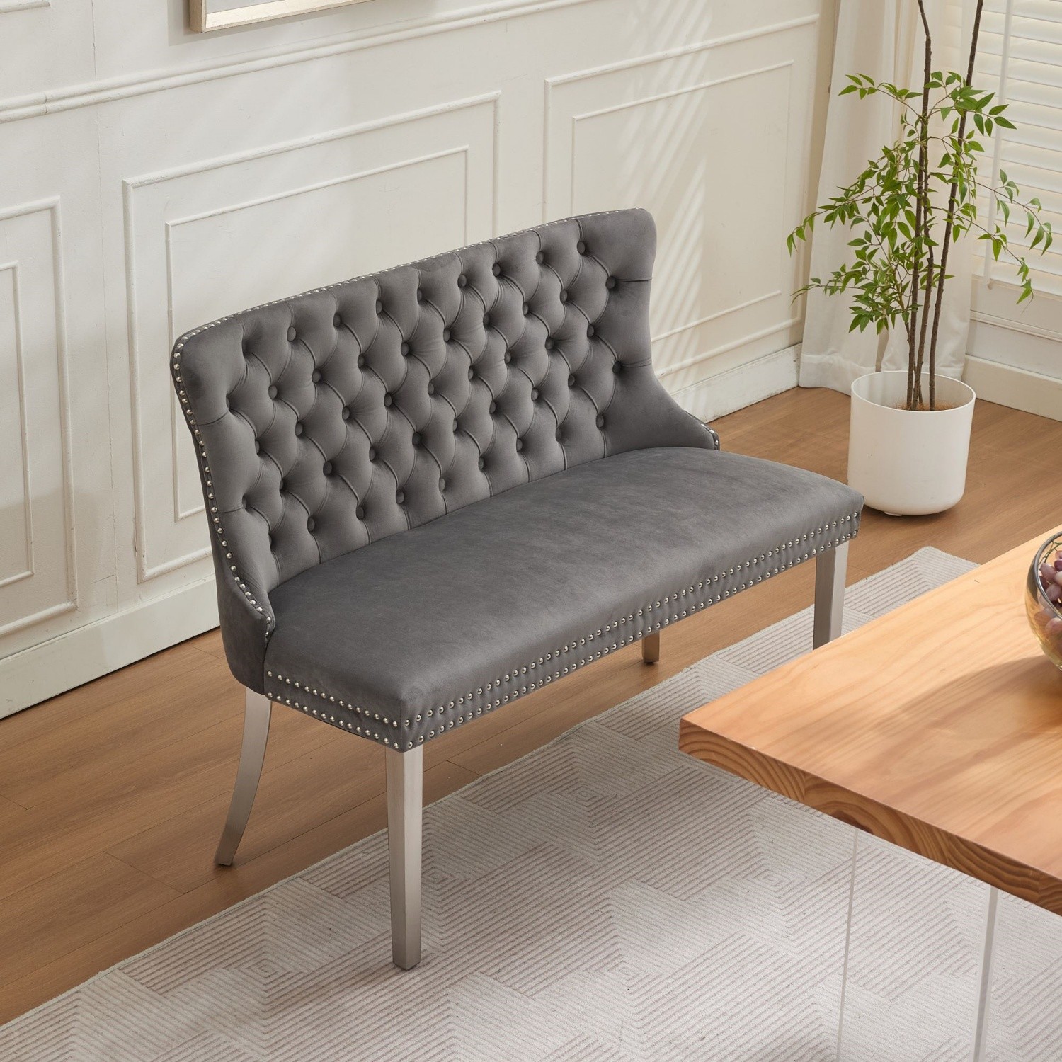 2-Seater Dining Bench Velvet Upholstered Kitchen Bench with Silver Metal Legs