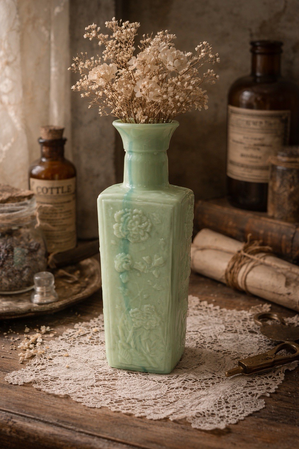 Vintage Jadeite Green Glass Liquor Bottle Decanter – Floral Embossed (1960s–70s)