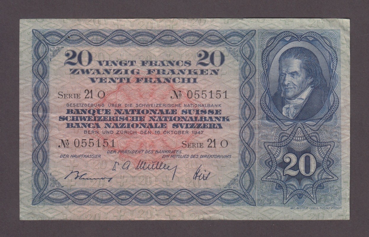 SWITZERLAND P.39p-5151  20 FRANCS 10.10.1947  VF WE COMBINE   2511