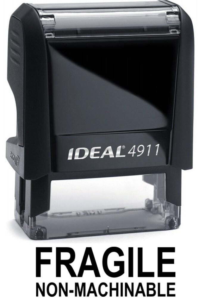 FRAGILE  NON-MACHINABLE text on IDEAL 4911 Self-inking Rubber Stamp, BLACK INK