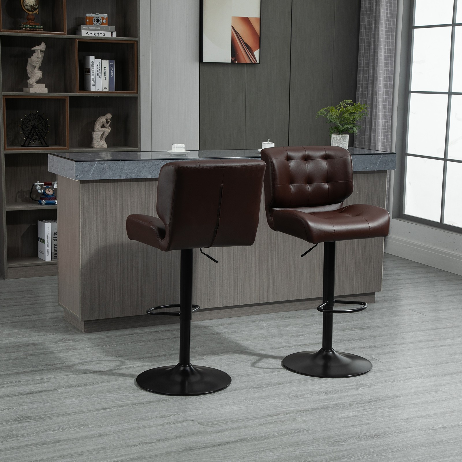 Set of 2 Adjustable Height Bar Stools with Padded Seat and Footrest
