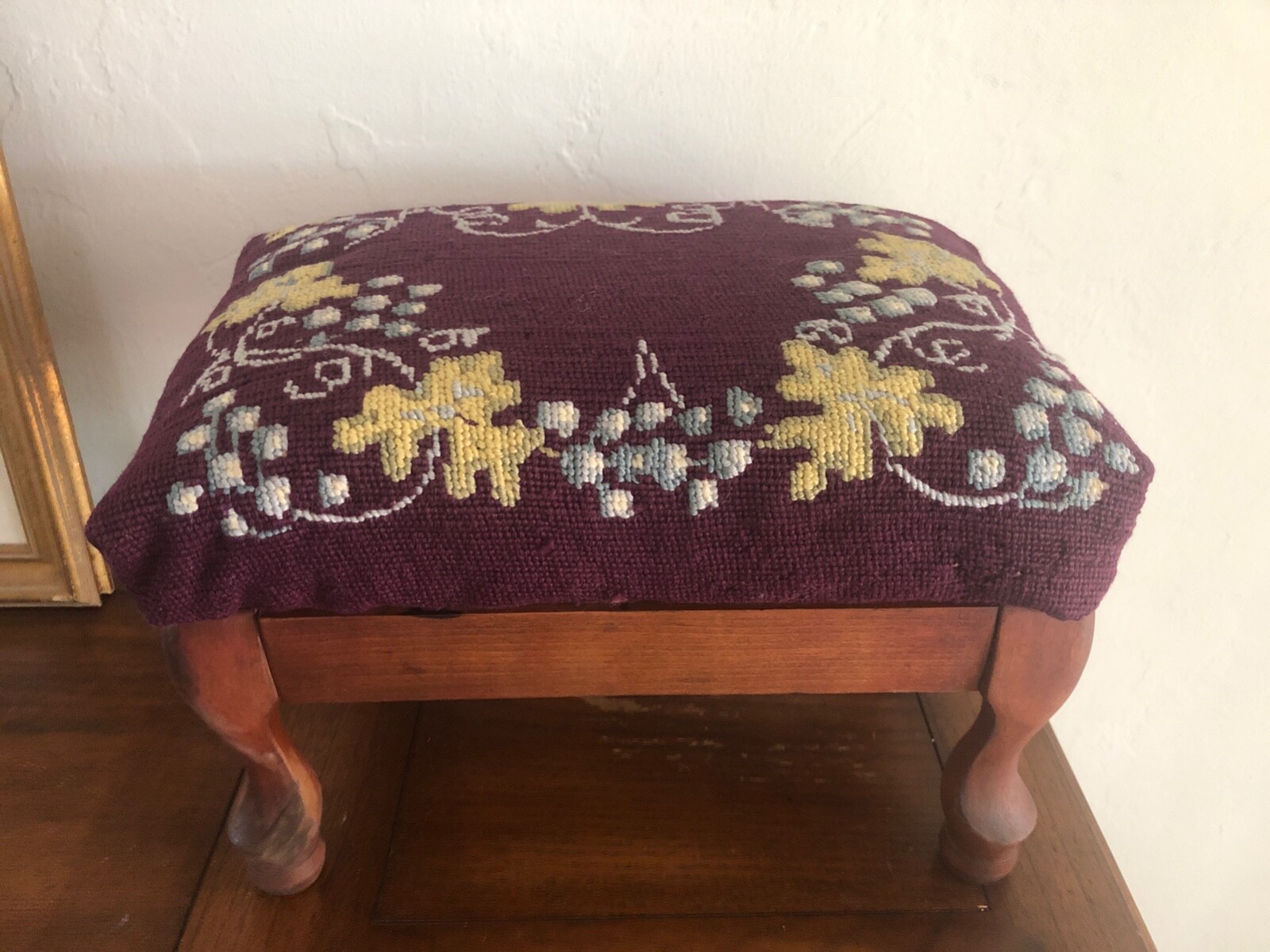 Antique Foot Stool Needlepoint Grapes & Leaf on Plum Background Wool 10" Tall