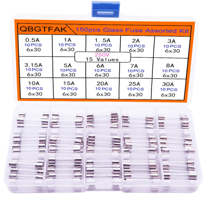 150 Pcs AGC Auto Glass Fuse 0.5A to 30A ( 6mm X 30mm) Kit  W/Box