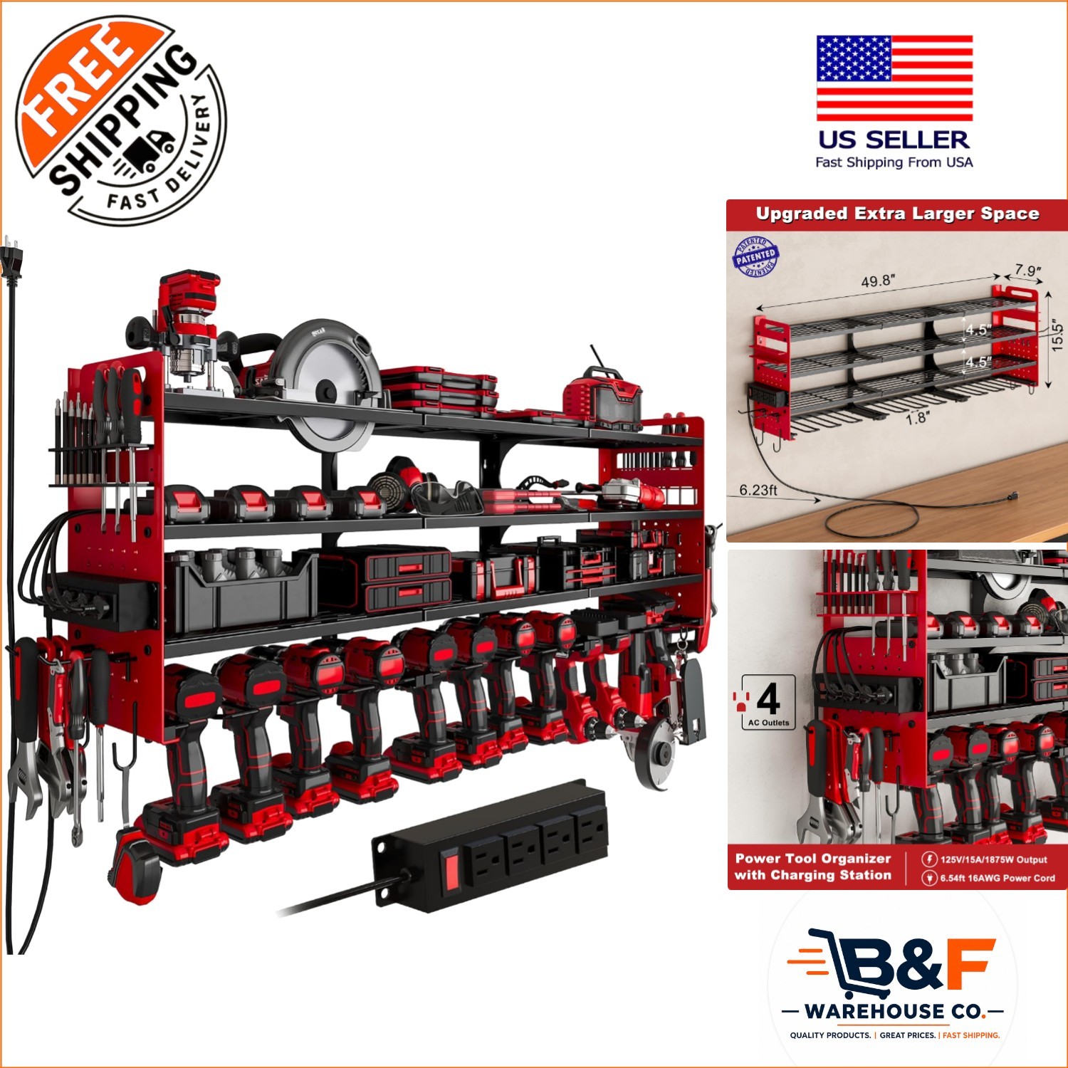Sturdy Wall-Mounted Tool Rack with Pegboard Design & 4-Outlets for Power Tools