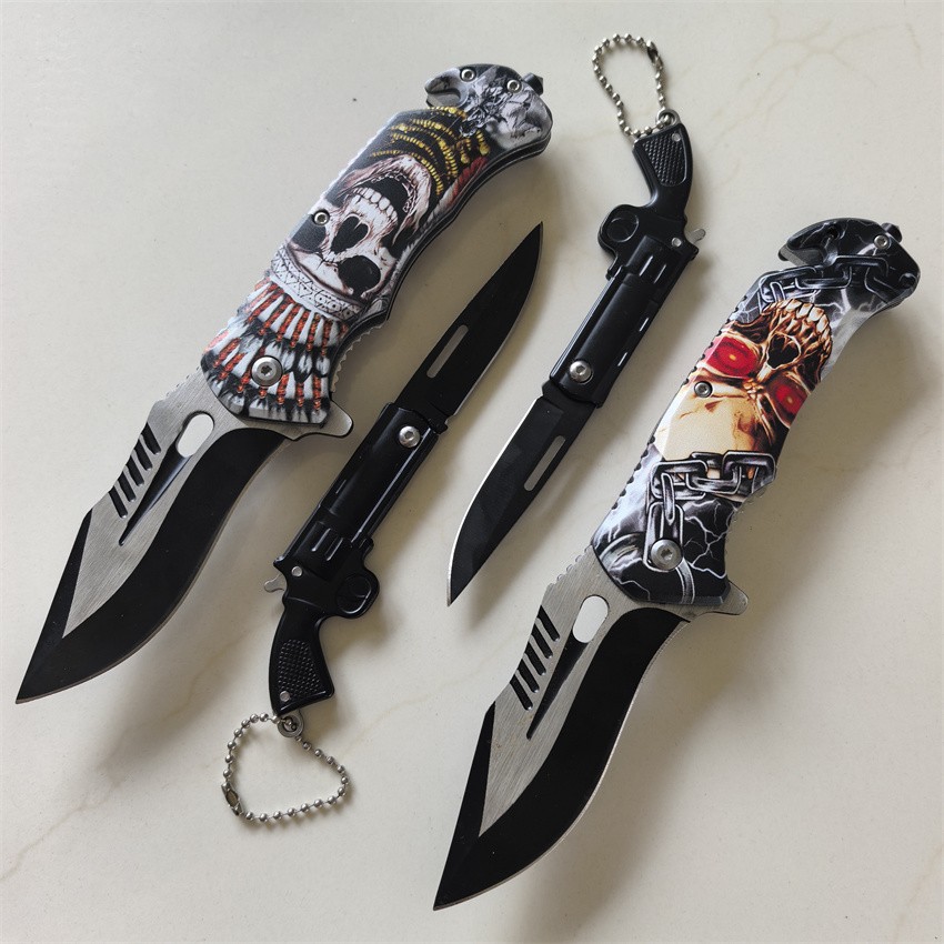 (4 Knives ) Skull Indian Chain Spring Assisted Folding Knife Small Pocket Knives