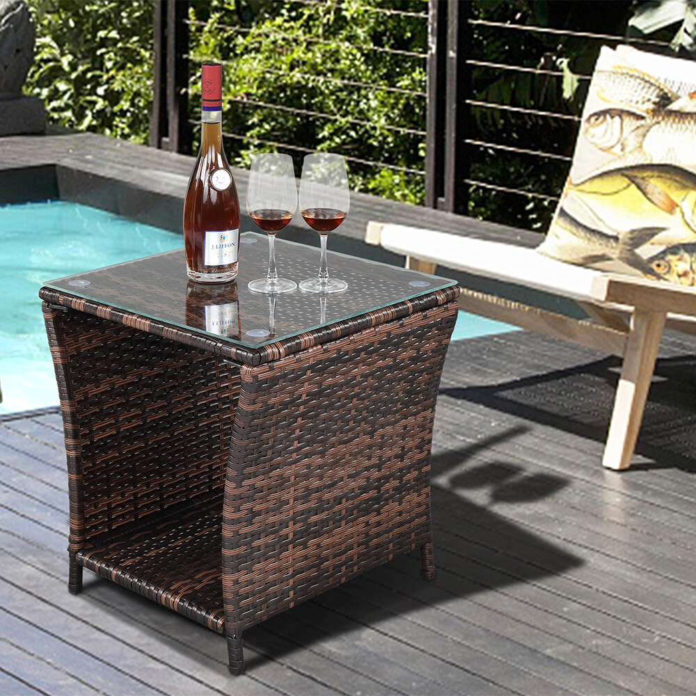 Patio Wicker Side Coffee Table Bistro Glass Table Outdoor End Table with Storage