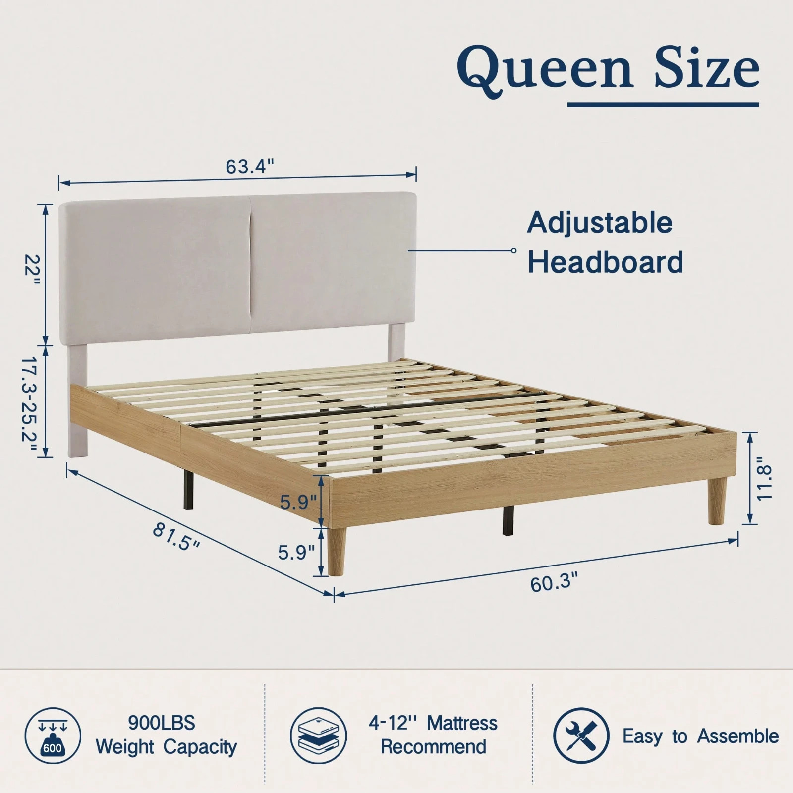 Wood Platform Bed Frame Adjustable Upholstered Head Board Twin/Full/Queen