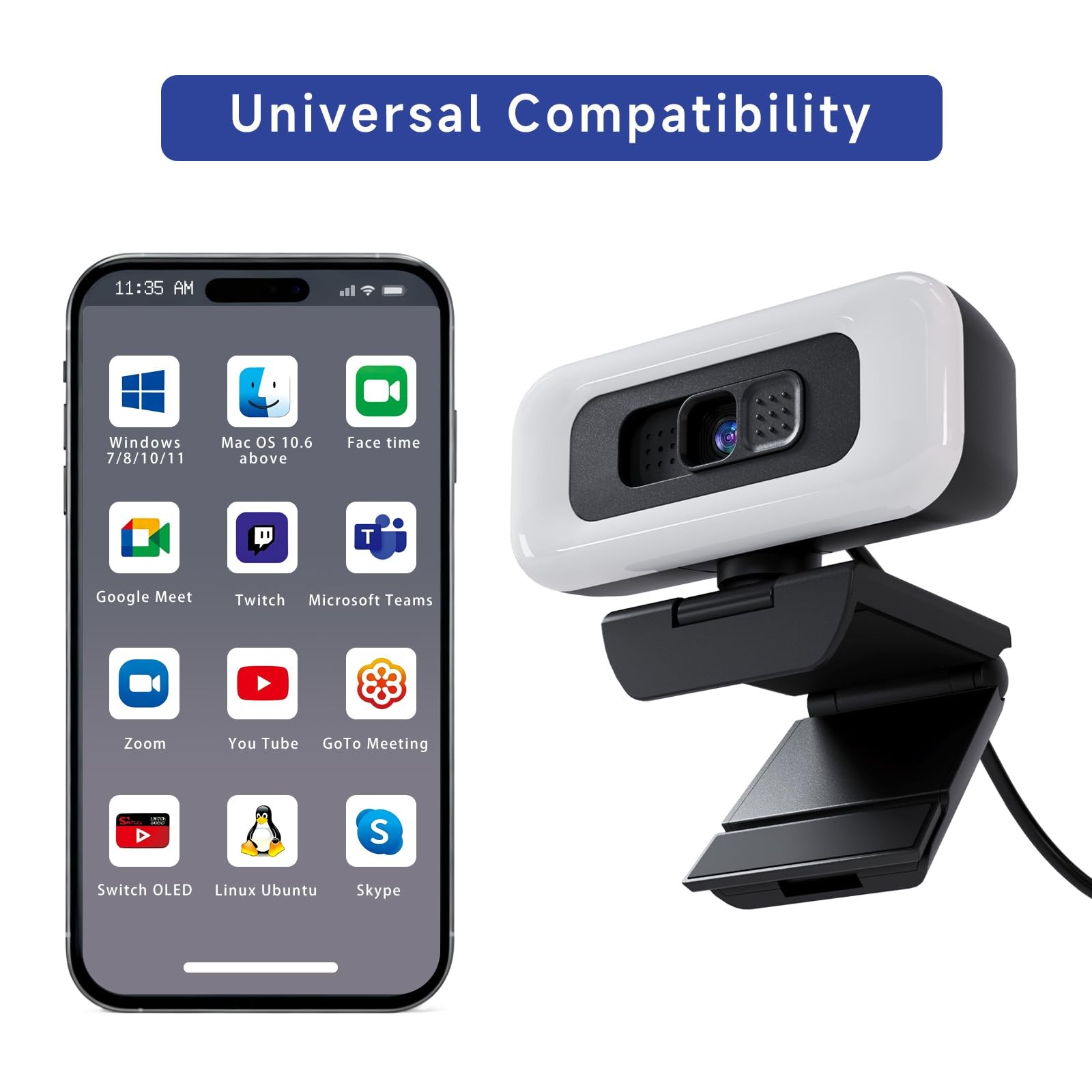 Webcam with Light, 1080p Webcam for PC with Microphone, USB Computer Camera f...