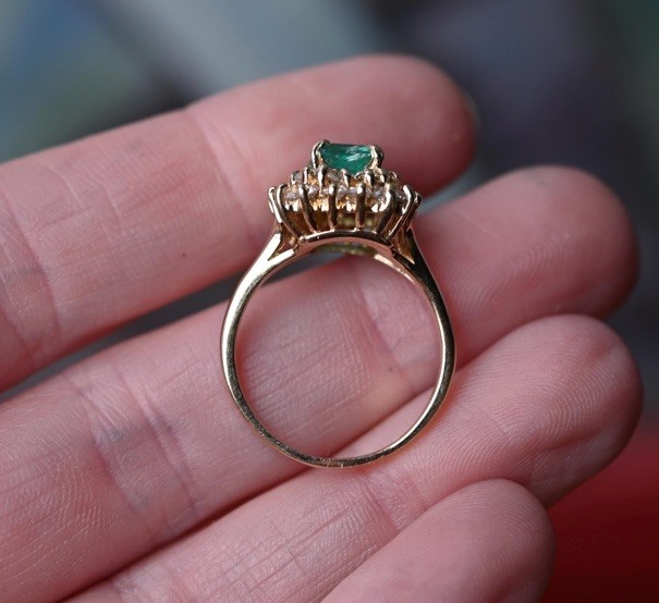 14K Solid Gold Emerald Diamond Halo Cluster Engagement Ring
