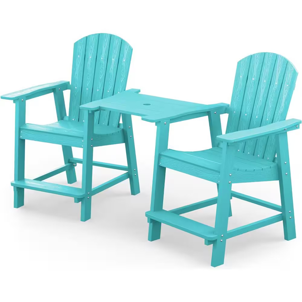 Aruba Blue Plastic Adirondack Outdoor Bar Stools with Removable Connecting Table