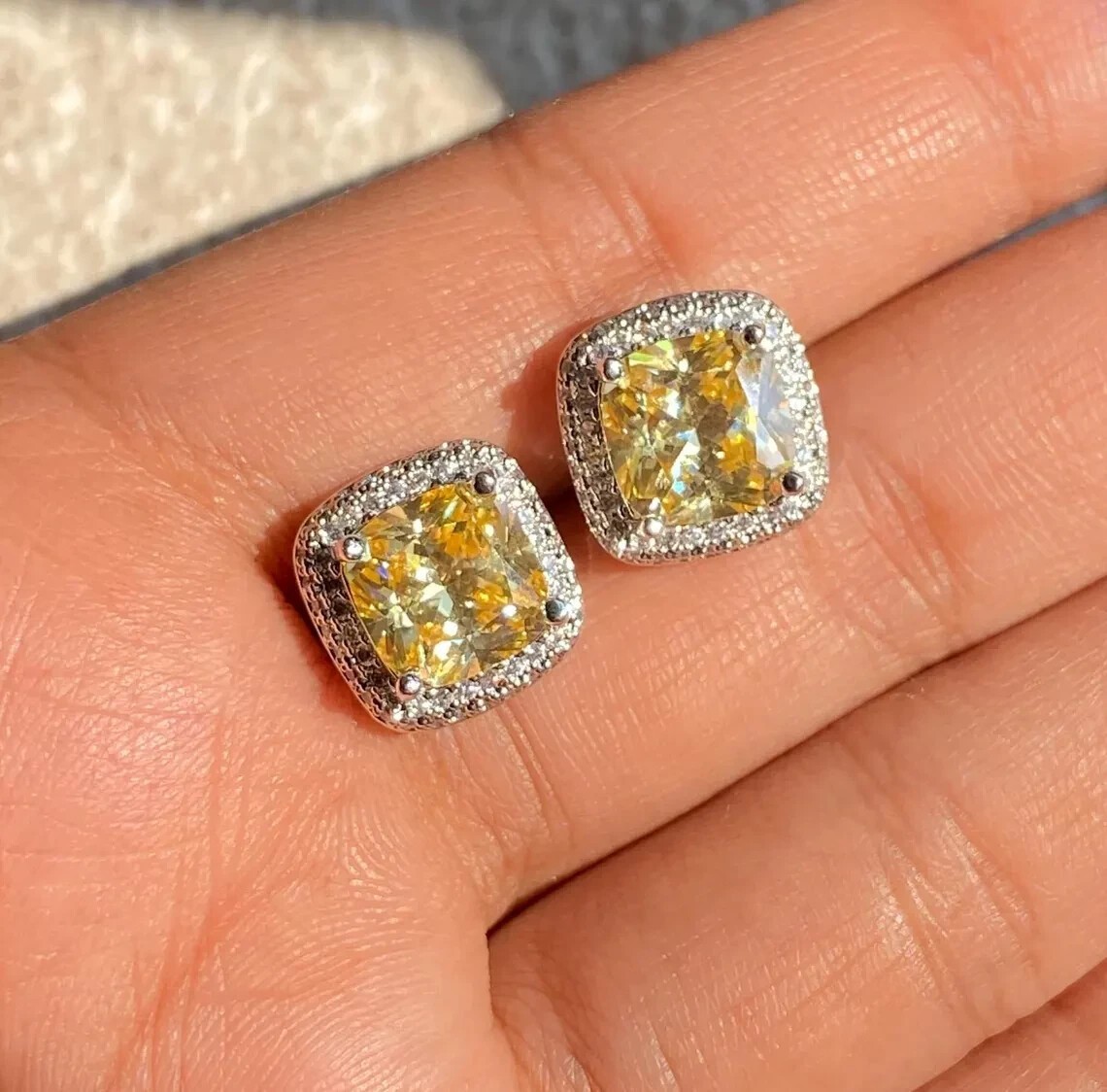 4.30Ctw Fancy Vivid Cushion Yellow Lab-Grown Diamond Stud Halo Earrings 14k Gold