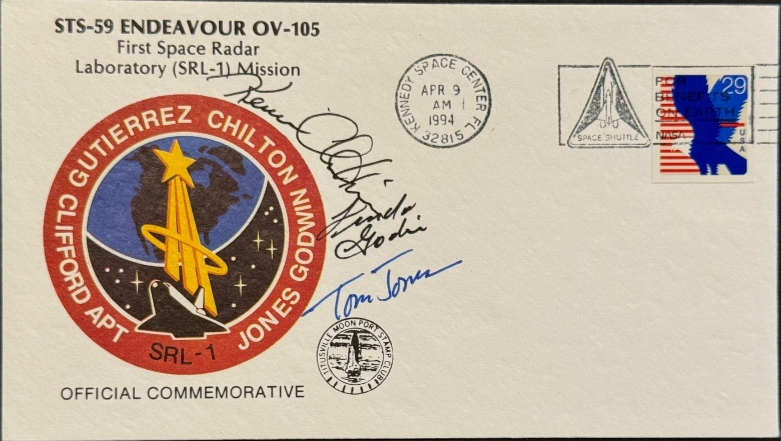 STS-59 #2 Autographed Crew Patch Cover ,(3) Chilton , Jones , Godwin