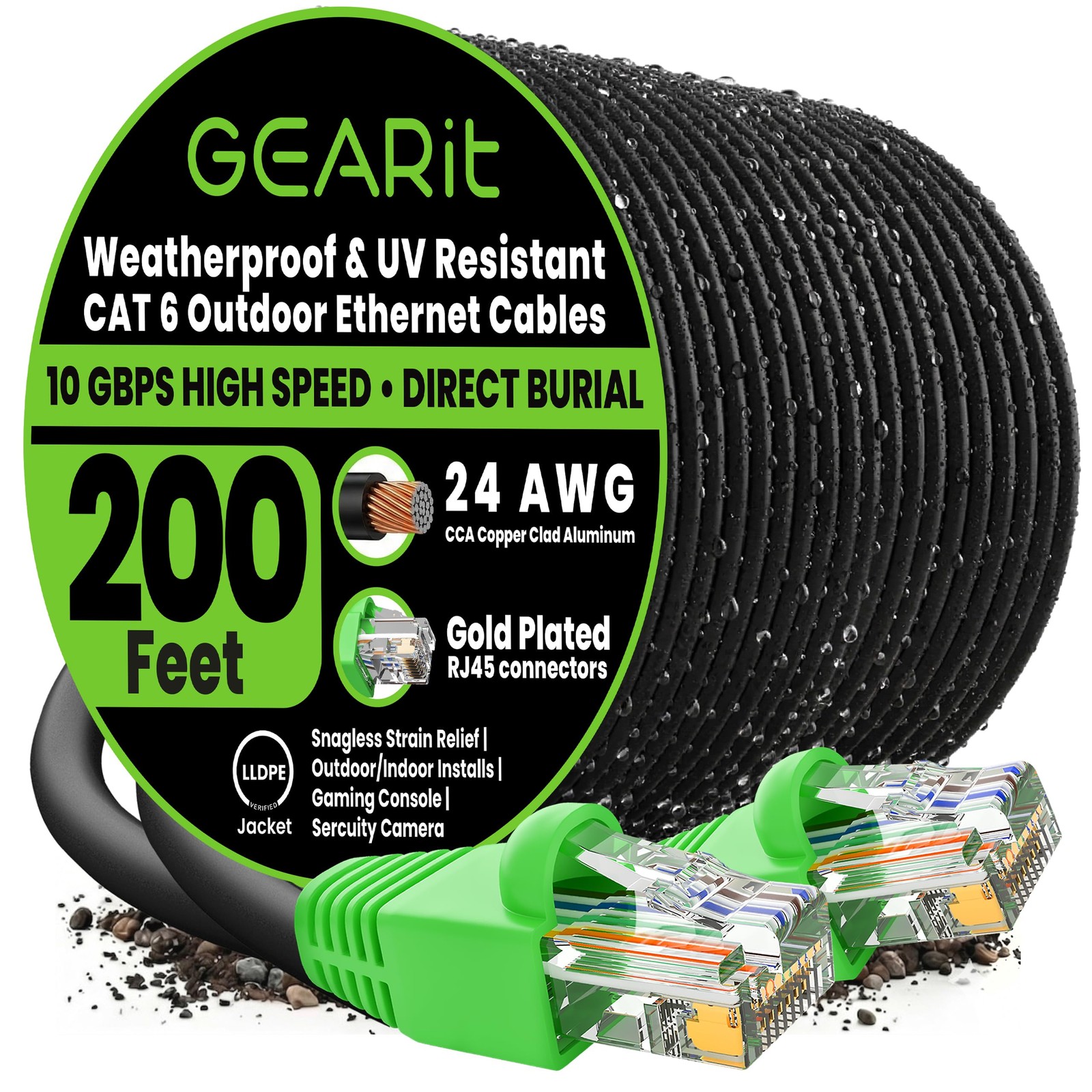 GEARit Cat6 Ethernet Cable 200FT Outdoor Direct Burial 24AWG RJ45 10Gbps Cable