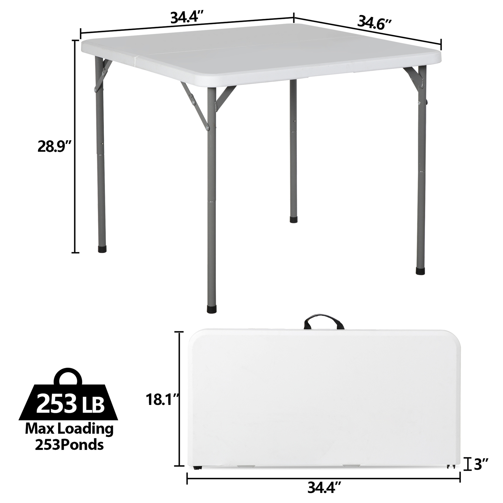 34" Plastic Square Table for Puzzles Crafting Fold in Half Camping Table Utility