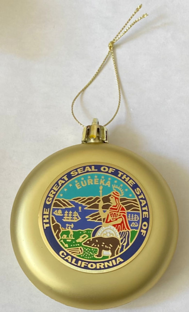 THE GREAT SEAL OF THE STATE OF CALIFORNIA CALI CA 3" Gold Ornament w 2" Emblem