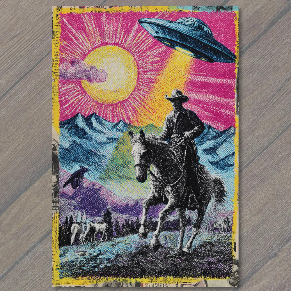 POSTCARD Cowboy Horse UFO Mountains Desert Psychedelic Western Collage