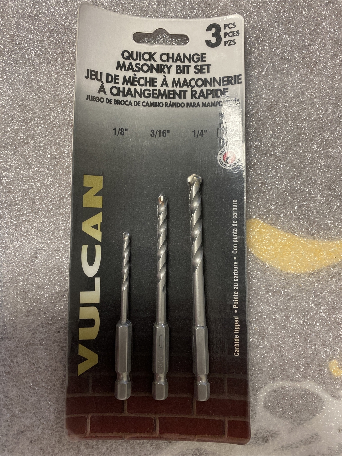 3pc VULCAN QUICK CHANGE CARBIDE TIPPED MASONRY HAMMER DRILL BITS 8162