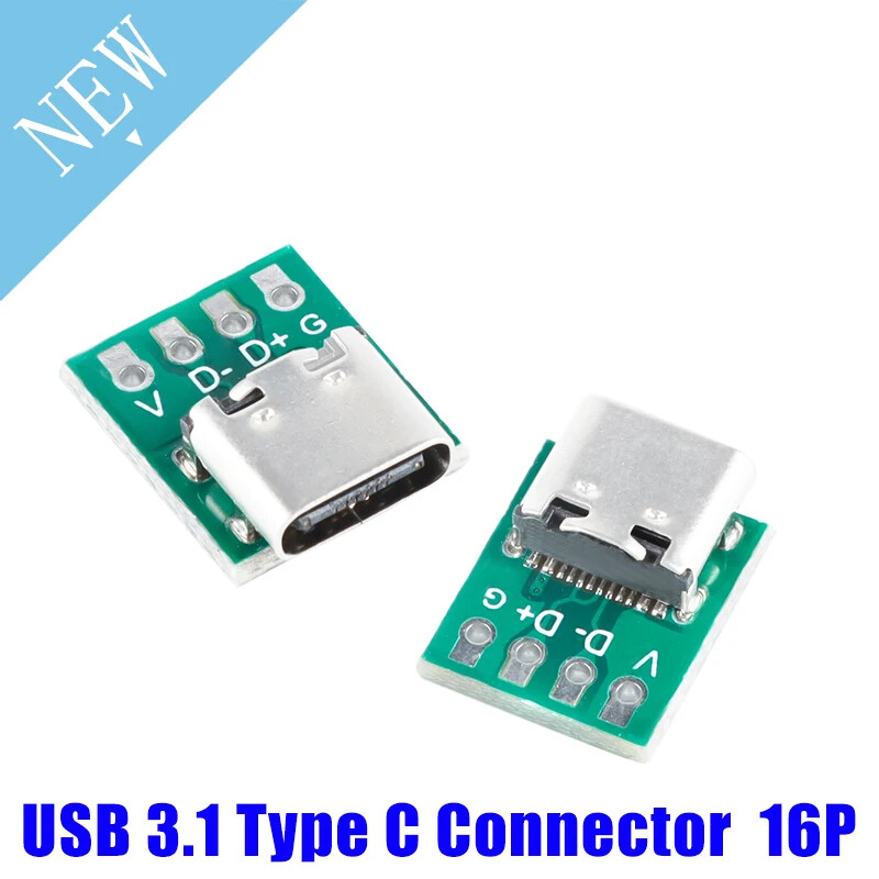 5Pcs USB 3.1 Type C 16 Pin PCB Board Female Connector for Data Transfer