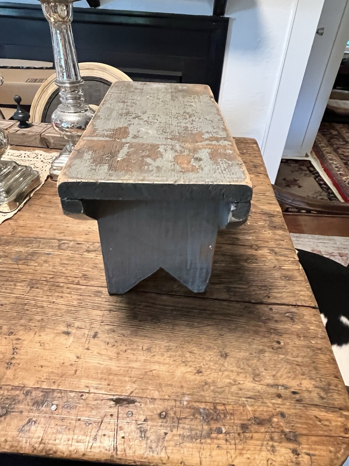 AAFA Antique Wooden Step Stool Riser Footstool Primitive Decor Original Blue