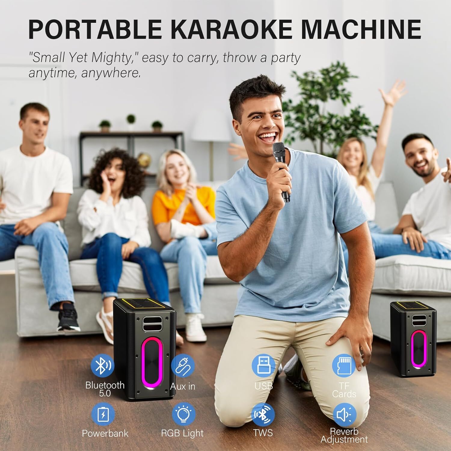 Karaoke Machine with Two Wireless Microphones, Powerful Portable Bluetooth Speak