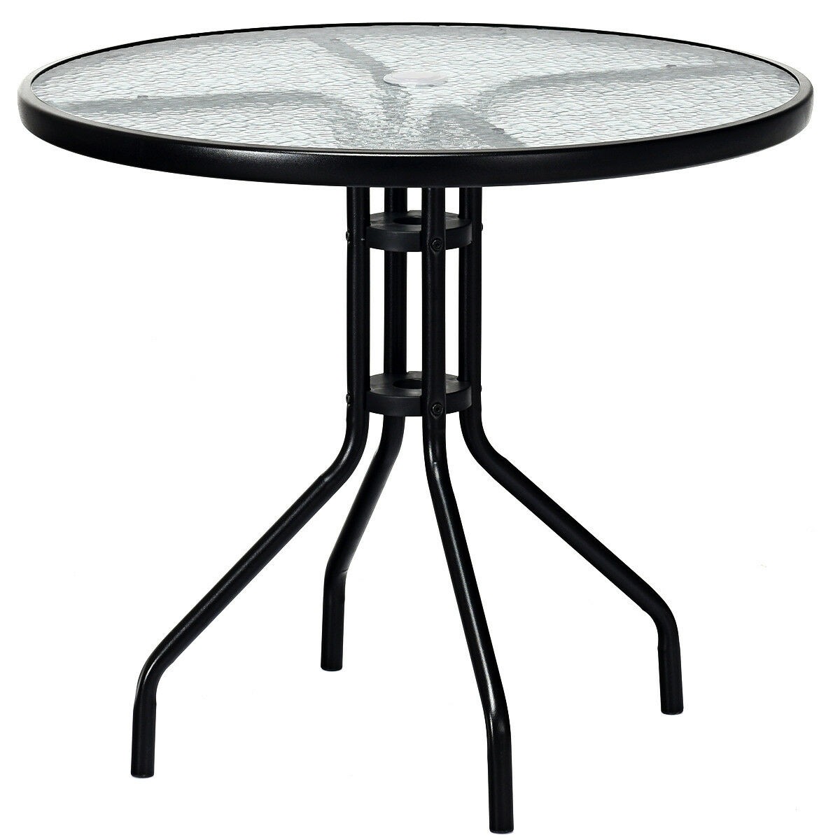 Costway 32" Tempered Glass Top Round Table W/Umbrella Hole Steel Outdoor Beach