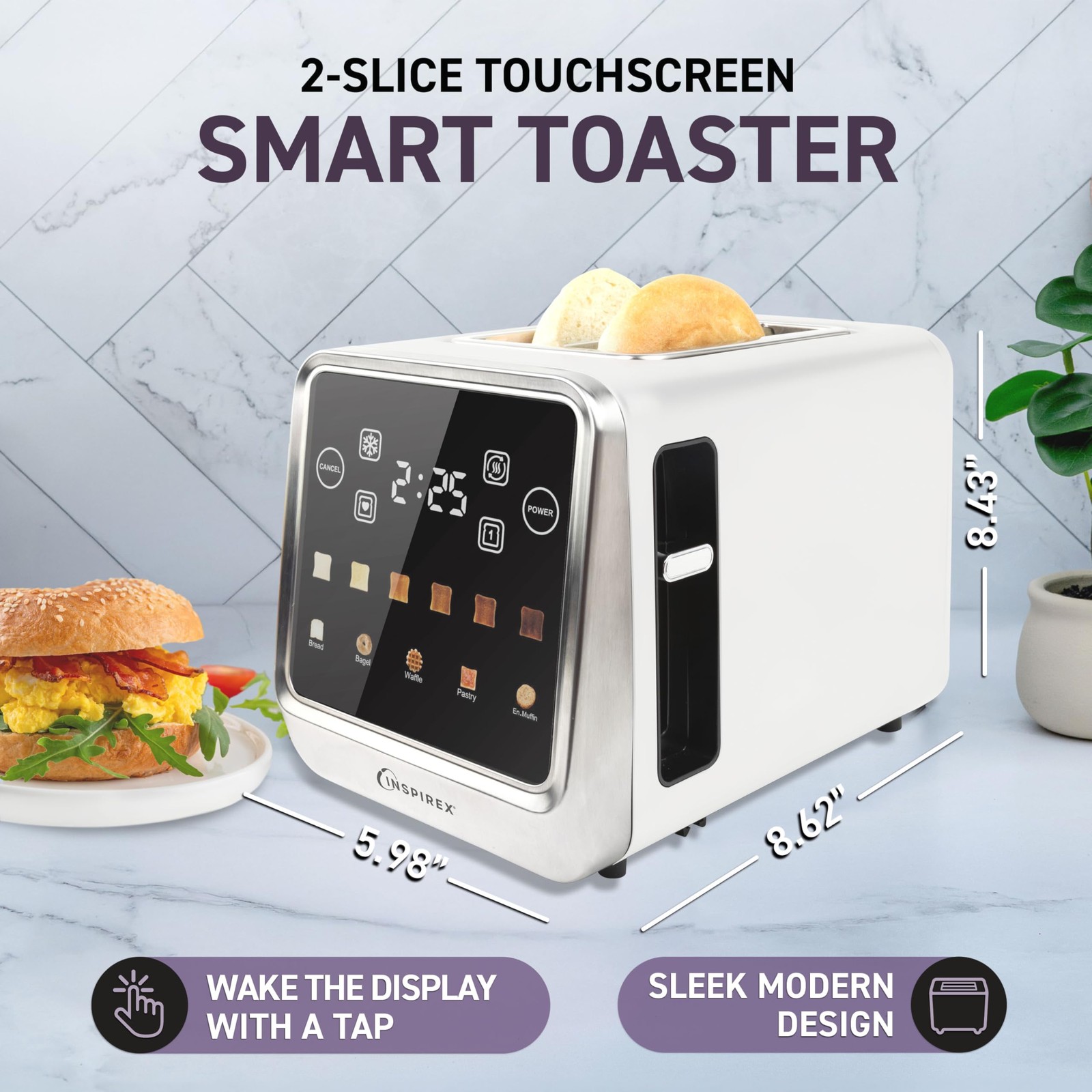 Inspirex Touch Screen Toaster - 2 Extra Wide Slots - 5 Bread Types and 6 Brownin