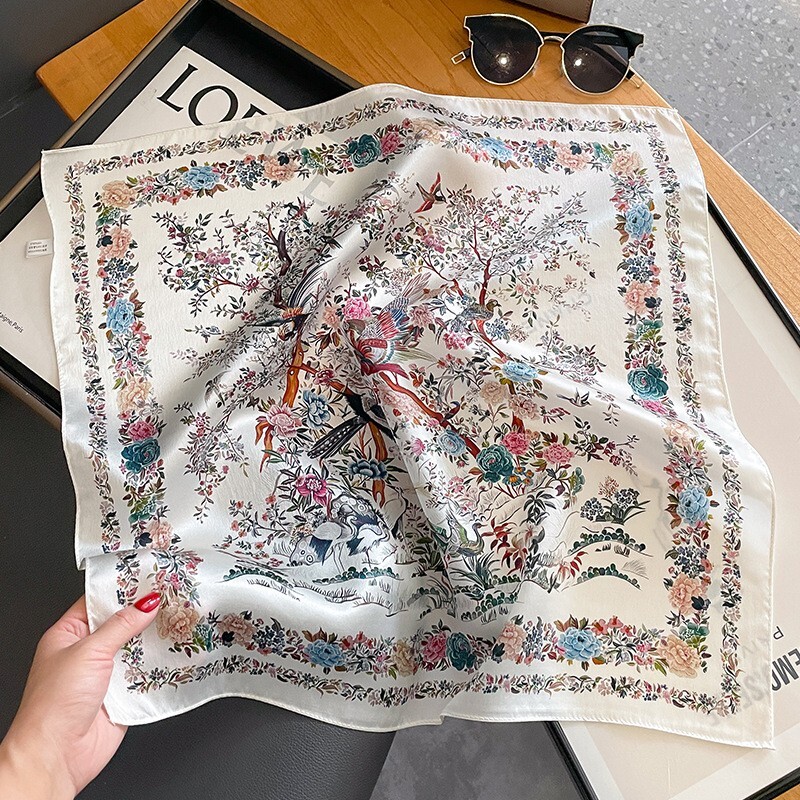 100% Silk 20" Scarf Bandana Women Coloful White Flower Print Small Kerchief Wrap