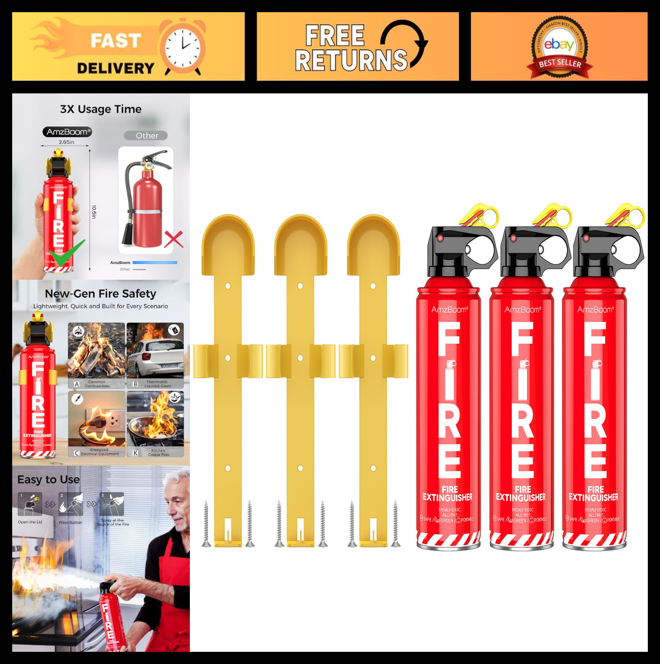 Portable Water-Based Fire Extinguishers 3 Pack - Multi-Purpose Home, Car, Boat S